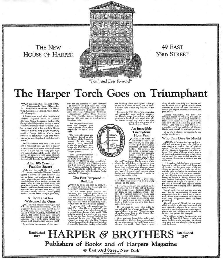 A 1923 New York Times advertisement placed by Harper & Brothers regarding its move from Franklin Square to 49 East 33rd Street in New York City.