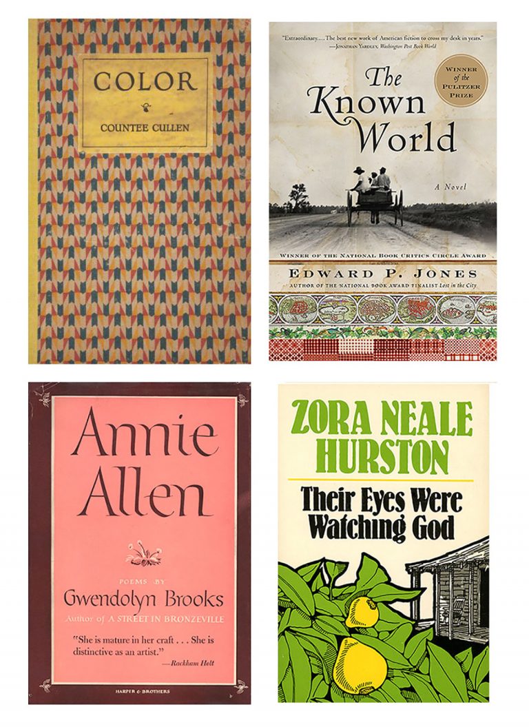 Editions of Color by Countee Cullen (1925), The Known World by Edward P. Jones (2003), Annie Allen by Gwendolyn Brooks (1949), and a 1978 edition of Their Eyes Were Watching God by Zora Neale Hurston (1934).