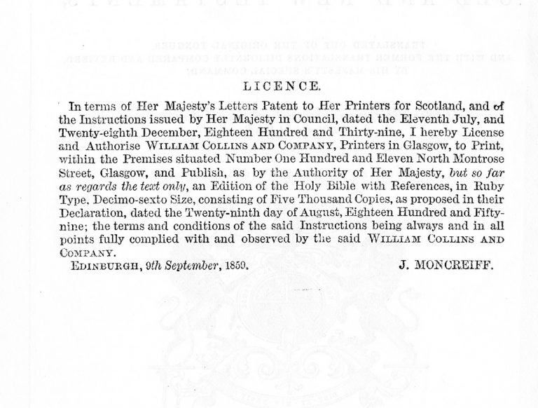 The 1859 license granted to William Collins and Company, giving it permission to print the Bible.