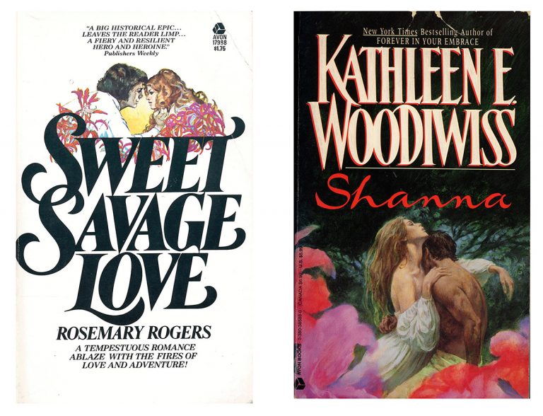 Two classic Avon romance titles, Sweet Savage Love by Rosemary Rogers (1974) and Shanna by Kathleen Woodiwiss (1977).