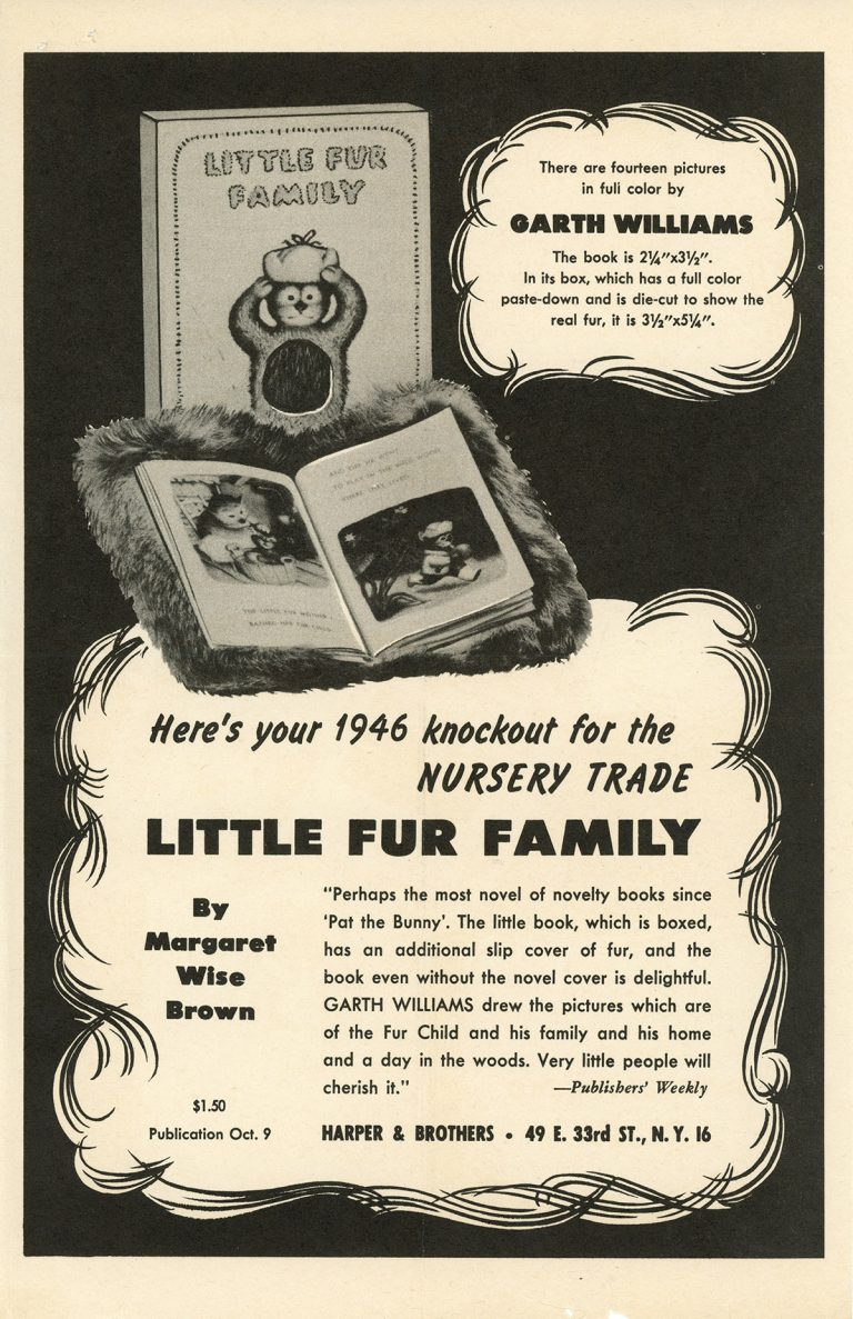 Marketing flyer promoting the 1946 publication of Little Fur Family, written by Margaret Wise Brown and illustrated by Garth Williams.