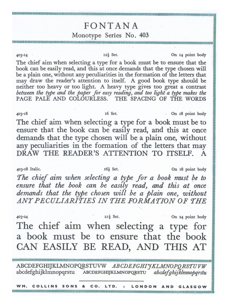 A sample of Fontana from the Font Specimen Book.